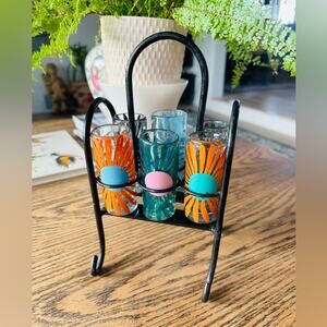 Hand blown shot glass set with rack Barware
Wrought iron rack